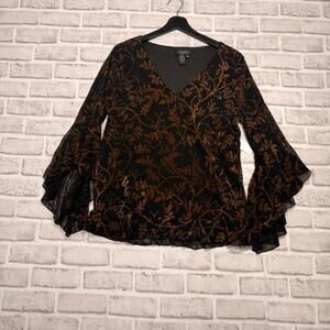 Papillon Ruffle Sleeve V-neck Blouse Leaves Black Brown Women's XL